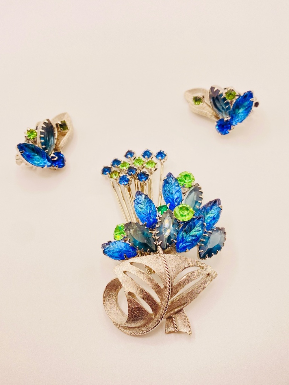 Vintage Uranium Glass Rhinestone Floral Brooch Clip Earrings Blue Glow Green Set